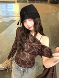 Irregular Ribbon Slanted Shoulder Long-Sleeved T-Shirt Girl Spring And Summer Design Net Yarn Repair Waist Babes Bottom Shirt Top