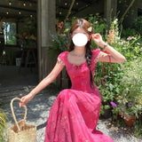 Rose Red Particularly Beautiful Thinch Waist Dress Summer Women 2025 New Light Luxury High-End Feeling Waist Slim Floral Dress
