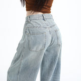 1101# Light Blue Embroidered Broad-Legged Jeans Women's New High-Rise Straight-Barreed Loose Drag Trousers