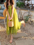 Avocado Green Knitted Hollow Thai Soleni Dress Woman Summer Seaside Holiday Summer Dopamine Skirt