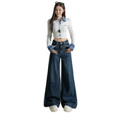 Vintage Non-Legged Micro-Tipped Jeans Women Autumn High Waist Hanging Feeling Niche Front Pocket Wide Leg Trumpet Trousers