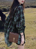 Vintage British Style Green Plaid Shirt Coat Women's Spring And Autumn Leisure Free And Loose Long Folding Shirt