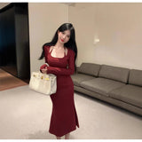French Red Long-Sleeved Neck Dress Women's Autumn And Winter Christmas Wearing Sexy Ass Fishtail Birthday Dress