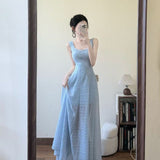 French Blue Tie Sling Dress Women's Summer Seaside Holiday Temperament High-End Feeling Waist Show Thin Pggy Long Skirt
