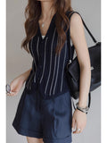 Blue Striped Knitted Horse Jacket Vest Women's Summer Wear 2025 New Temperament V Collar Old Money Blouse