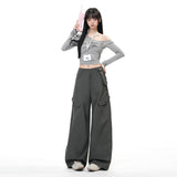 Yaxian Hottie | Trendy Design Empathic Broad Leg Pants Women's Lean Pockets Thin Leisure Trousers Length Eichun