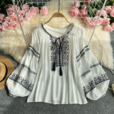 Ocean Gas Age-Reduced Retro Heavy Industry Embroidered Round Tie With Lantern Sleeve Shirt Women Loose Leisure Holiday Top