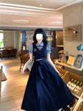 Deep Blue Scale College Style Splicing Two Waist Reduction Temperament Long Dress Early Autumn Polo Collar Skirt