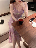 Haitang Flower Opening Silk Slant Cutting Series Temperament Print Sling Skirt Hanging Neck V-Neck Opening Dress