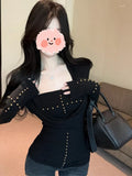 Vintage Hottie Deep V-Necked Long-Sleeved T-Shirt Girl Spring Black Rivet Stud Tops Folded Two-Piece Set