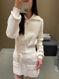 Casual Relaxation Feeling Old Money Style Sports Set Short White Zipper Knitting Jacket Coat Half-Dressed Woman