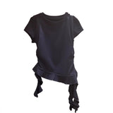 Korean Irregular Lotus Leaf Side Design Sense Short-Sleeved T-Shirt Girls Summer New Slimmed-In Beautiful Tibetan Blouse