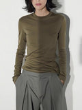 Vintage Casual Simple Texture Army Green Round-Neck Long-Sleeved T-Shirt Girl Early Autumn New Tie Bottom Shirt Top Woman