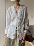 2026 Spring And Summer French V-Neck Lace Lace Hook Blace Sleed Sleep Shirt Women's Relaxed Comfort Premium Sense