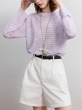 2025 Early Autumn New Purple Hollow Hooded Striped Knitted Sweater Tops Sunscreen Thin Woman