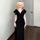 2025 Xia Hepburn Dark Night French High-End Velvet Texture Cold Temperament Small Man Showing High Artifact V Collar Long Skirt