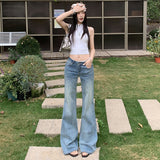 Light Blue Water Wash Classic Retro Micro-Horn Low-Rise Handmade Cat Needs Water Wash Blue Thin Jeans Woman