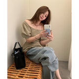 Korean Version Of The Retro Age Reduction Of The Age-Skinny Buds Under The Hem Bubble Short Sleeves And Shoulders Knitted Top 2 Colors