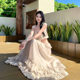 2026 Split Skirt Suit Rata Ash Slings Half Skirt Lotus Leaf Side Loose Holiday Two Sets