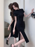 Chinese Retro Buckle Improved Cheongsam Skirt Female High-Grade Black Dress Summer Waist Open Fork And Hip Dress