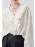 White Shirt Women's New Design In Autumn 2025 Design Sensing French V-Necked Leaf Sided Long Sleeve Blouse