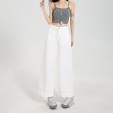 Three Defenses Of The Silk Cotton Fall Loose Broad Leg Stick Pants High Waist Pure White Beads Embroidered Denim Granny Trousers Nine Minutes