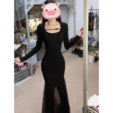 Black Fishtail Dress Women Spring Slimming Bag Hip Dress French Niche Design Beautiful Mesh Dress