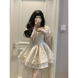 2025 Summer New French Bubble Sleeve White Dress Girl Small Man To Show Thin Unkempt Dress Princess Dress