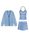Jennie's Same Little Fragrant Blue Stripes Loose V-Neck Knitted Shirt Sling + Short Skirt