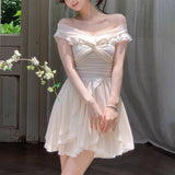 French Open Shoulder Irregular Dress Screen Yarn Elastic Lace Dress Long Version