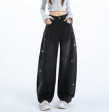 2026 Spring New Full Star Glitter High-Rise Loose Broad-Legged Jeans Women Thin Straight Tube Trousers