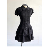 Vintage Wears The College Style Lace Side Spliced Blue Retro Shirt Dress Ancient Style Skirt