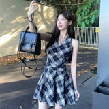Black And White Lattice V-Neck Hanging Neck With Dress Women's Spring And Summer 2025 New Waist-Skinny A-Word Skirt