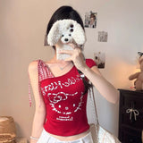 5118 # Summer New Sweet And Spicy Kitty Cat Lattice Spliced Oblique Shoulder Vest T-Shirt Female Side Strap Chest Cushion