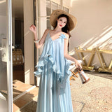 2025 Fairy Gas Handmade Three-Dimensional Flower Dress Two-Piece Wooden Ear Curling Resort Sling Suit