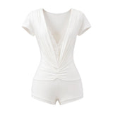 White V-Neck Shoulder Lace Spliced Short-Sleeved T-Shirt Girl Summer Sexy Slimming Hottie Shirt Top