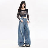 High Street Design Splashed With Painted Broad-Legged Jeans Women's Autumn Dress Retro Old Wasteland Trousers