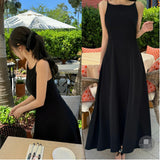Korean Chic Gentle Wind And Light Luxury High-Level Shoulder Design Sense High Waist Thin Sleeveless Long Dress 3 Colors