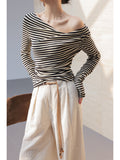 Design-Sense Striped Long-Sleeved Sleeve-Shouldered T-Shirt For Women's New Irregular Blouse In Early Fall 2025