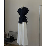 Fall 2025 New French Style Black Belt Waist Design Shoulder Version Of Short-Sleeved Professional Shirt Set