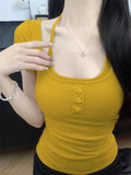 708 # Summer Pure Want To Fake Two Hanging Neck Collar Short-Sleeved T-Shirt Slimming Short-Term Fixed Chest Pads