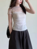 Net Yarn Spliced White Perspective Shoulder Short Sleeve T-Shirt Girls Summer Particularly Beautiful Threous Small Top Thin