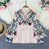 Spring And Autumn Retro National Style Temperament Long-Sleeved Round Collar Collar Embroidered Loose Shirt Female Air Doll Shirt