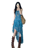 Holiday Style Retro Floral Sling Dress Women's Summer Design Irregular Dress To Collect Waist Thin A Skirt
