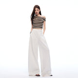 6137 New Casual Trousers Women's White Cotton Straight Trousers Wide Leg Trousers Loose Lazy Trousers