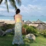 2025 French Atmosphere Print Sling Suit Dress Women's Summer Vintage Flowers Ribbon Holiday Long Skirt