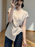 French Temperament V-Neck Short-Sleeved T-Shirt Women's 2026 Summer New Collection Of Thin Irregular Shirt Chic Top