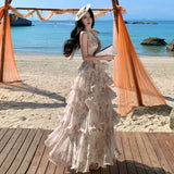 2026 New French Holiday Style Print Hanging Neck Chiffon Cake Dress Women's Collar Dress Summer Super Fairy Photo