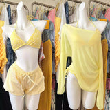 2026 New Solid-Color Bikini Four-Piece High-Value Printed Bows Cover Belly Thin White Bathwear