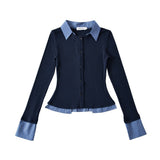 College Wind Fake Two Long-Sleeved Knitted Shirt Women's Shirt Collar Thin Short Sweater Korean Cardigan New